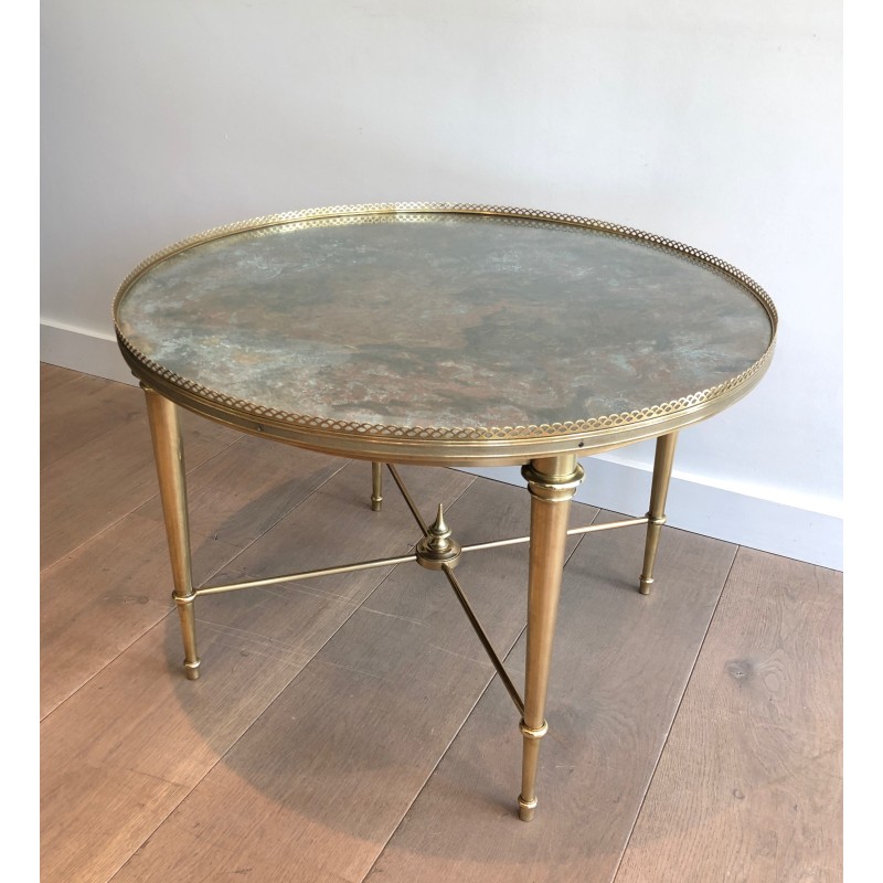 Neoclassical Round Brass Coffee Table with Acid-Worked Brass Tray by Maison Ramsay, French Work, circa 1940
