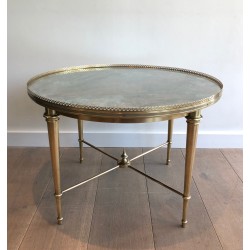 Table Basse Ronde Néoclassique en Laiton à Plateau Travaillé à l'Acide par la Maison Ramsay, Travail Français, vers 1940