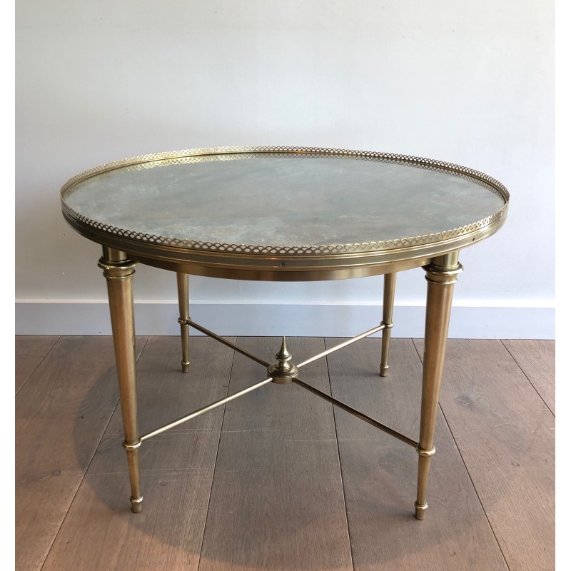 Neoclassical Round Brass Coffee Table with Acid-Worked Brass Tray by Maison Ramsay, French Work, circa 1940