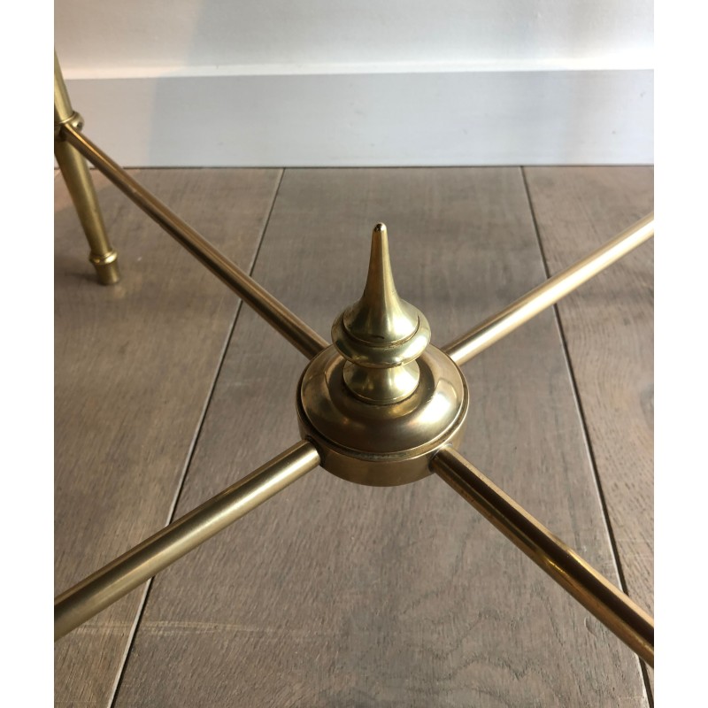Neoclassical Round Brass Coffee Table with Acid-Worked Brass Tray by Maison Ramsay, French Work, circa 1940