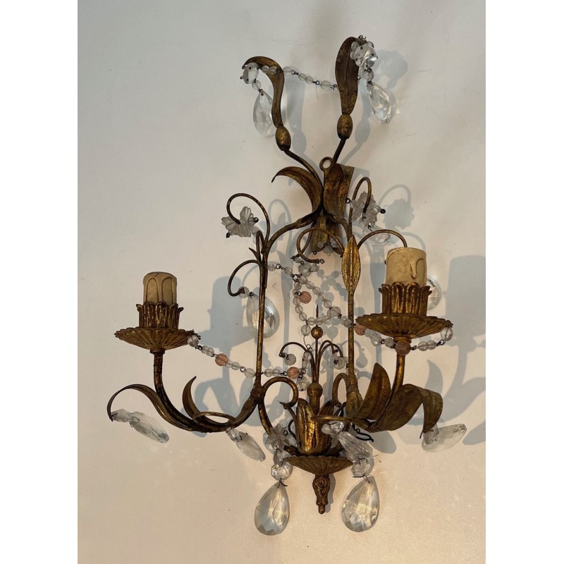 Pair of Gilded Metal and Crystals Wall Sconces in the style of Maison Baguès