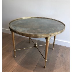 Table Basse Ronde Néoclassique en Laiton à Plateau Travaillé à l'Acide par la Maison Ramsay, Travail Français, vers 1940