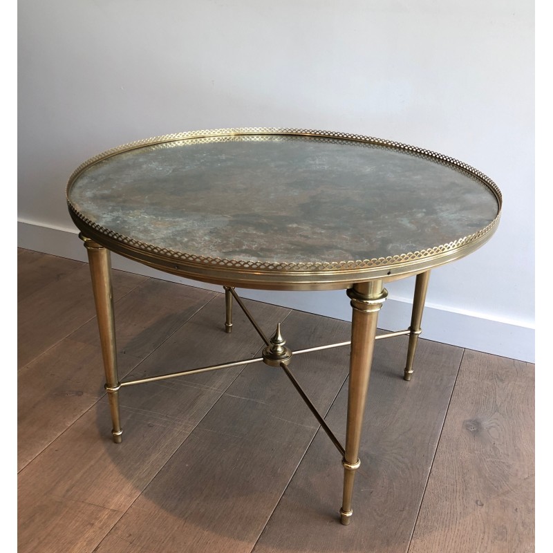 Neoclassical Round Brass Coffee Table with Acid-Worked Brass Tray by Maison Ramsay, French Work, circa 1940
