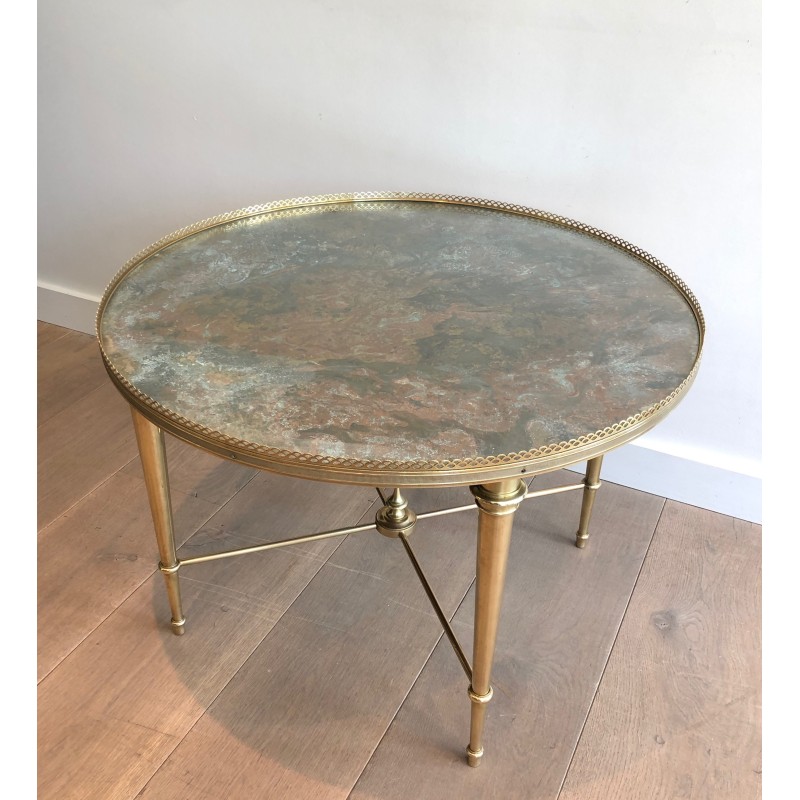 Neoclassical Round Brass Coffee Table with Acid-Worked Brass Tray by Maison Ramsay, French Work, circa 1940