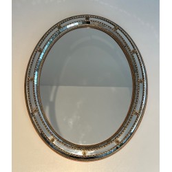 Miroir Ovale Constitué de Miroirs Multi-Facettes et Guirlandes de Laiton, Travail Français, vers 1970