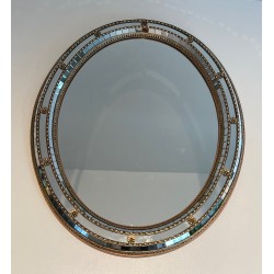 Oval Multi-Faceted Mirror with Brass Garlands, French Work, circa 1970