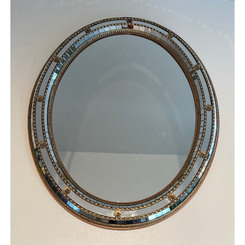 Oval Multi-Faceted Mirror with Brass Garlands, French Work, circa 1970