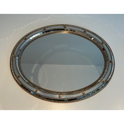 Oval Multi-Faceted Mirror with Brass Garlands, French Work, circa 1970