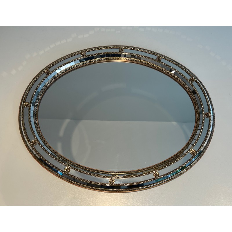 Oval Multi-Faceted Mirror with Brass Garlands, French Work, circa 1970