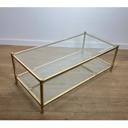 Table Basse à Double Plateau en Laiton et Verre par Roche Bobois, Travail Français, vers 1970
