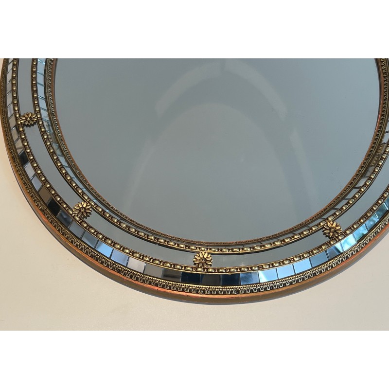 Oval Multi-Faceted Mirror with Brass Garlands, French Work, circa 1970