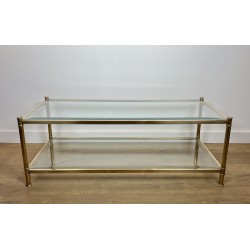Table Basse à Double Plateau en Laiton et Verre par Roche Bobois, Travail Français, vers 1970