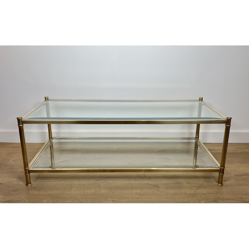 Table Basse à Double Plateau en Laiton et Verre par Roche Bobois, Travail Français, vers 1970