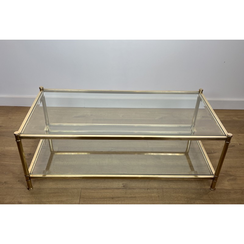 Table Basse à Double Plateau en Laiton et Verre par Roche Bobois, Travail Français, vers 1970