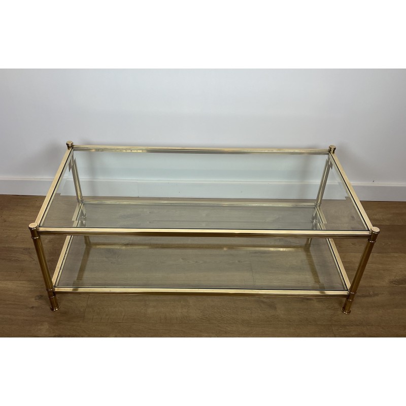 Table Basse à Double Plateau en Laiton et Verre par Roche Bobois, Travail Français, vers 1970