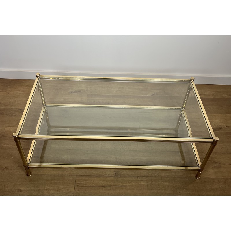 Two-Tier Brass and Glass Coffee Table by Roche Bobois, French Work, circa 1970