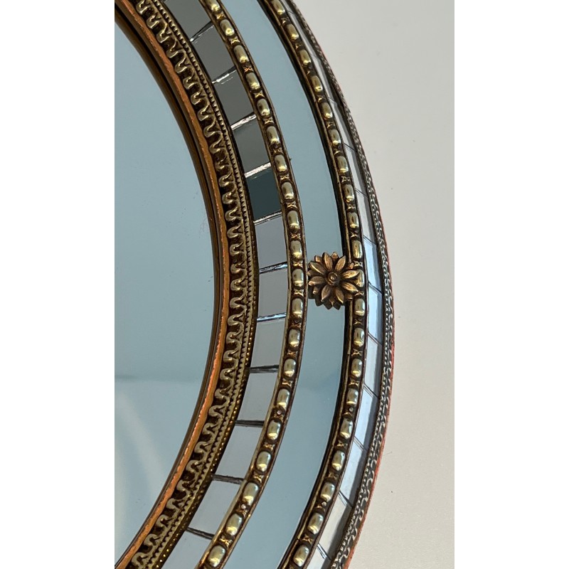 Miroir Ovale Constitué de Miroirs Multi-Facettes et Guirlandes de Laiton, Travail Français, vers 1970