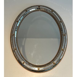 Miroir Ovale Constitué de Miroirs Multi-Facettes et Guirlandes de Laiton, Travail Français, vers 1970