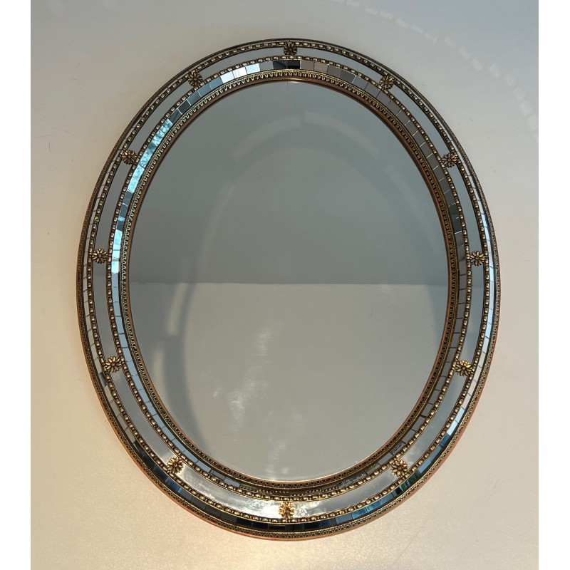 Oval Multi-Faceted Mirror with Brass Garlands, French Work, circa 1970