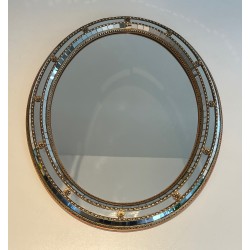 Miroir Ovale Constitué de Miroirs Multi-Facettes et Guirlandes de Laiton, Travail Français, vers 1970