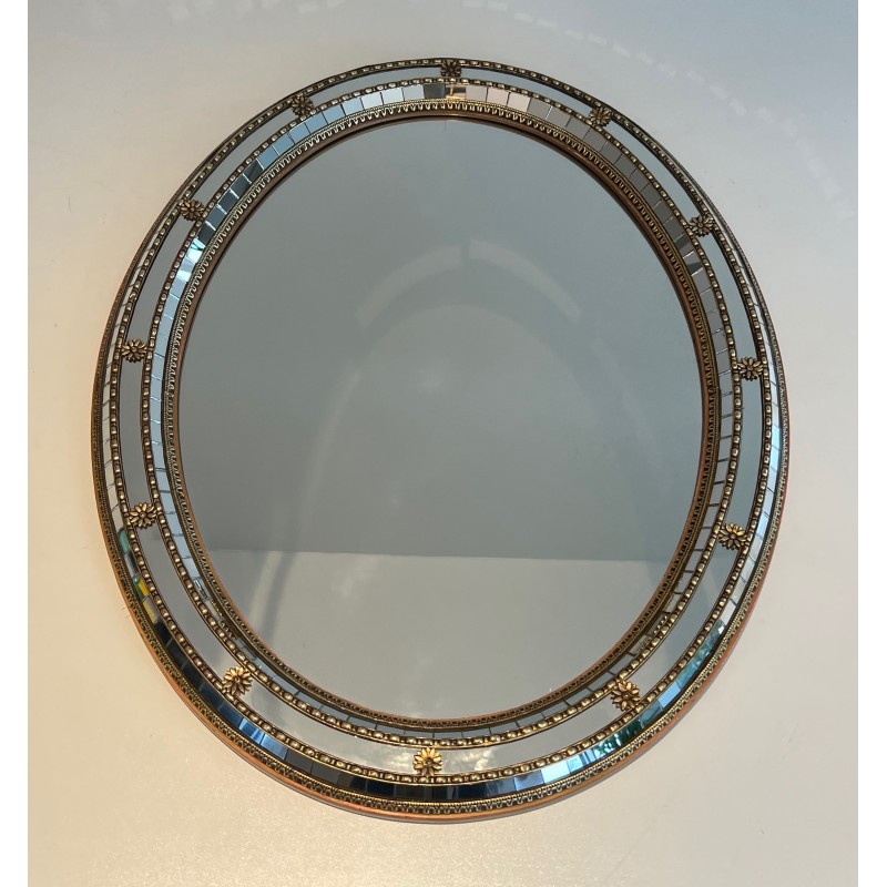 Oval Multi-Faceted Mirror with Brass Garlands, French Work, circa 1970
