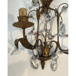 Pair of Gilded Metal and Crystals Wall Sconces in the style of Maison Baguès