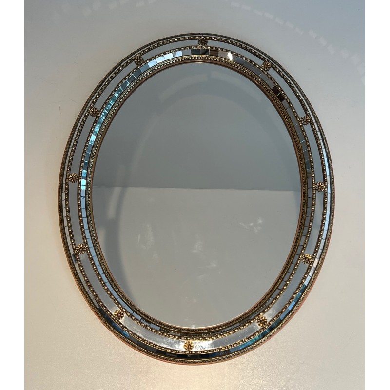 Oval Multi-Faceted Mirror with Brass Garlands, French Work, circa 1970