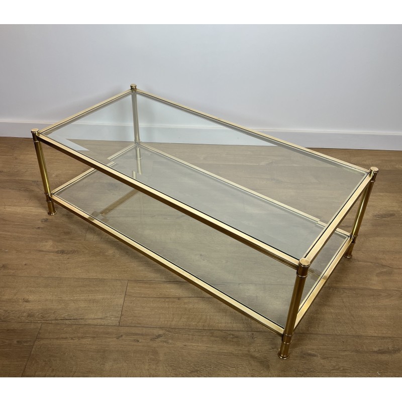 Table Basse à Double Plateau en Laiton et Verre par Roche Bobois, Travail Français, vers 1970