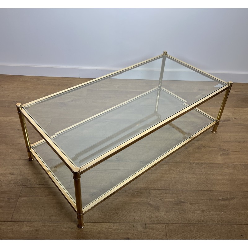 Table Basse à Double Plateau en Laiton et Verre par Roche Bobois, Travail Français, vers 1970