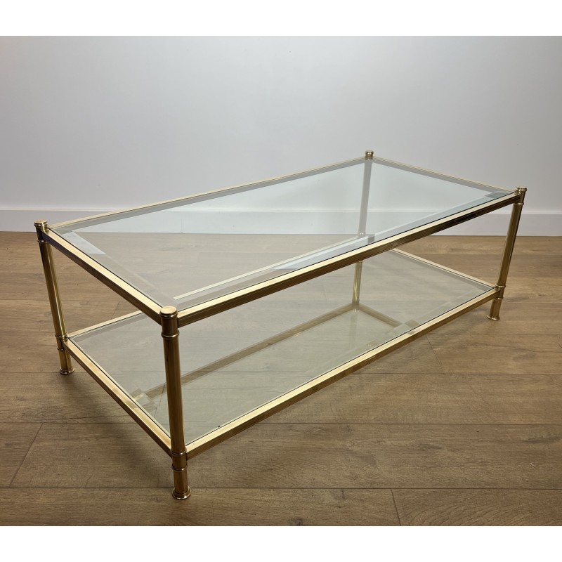 Table Basse à Double Plateau en Laiton et Verre par Roche Bobois, Travail Français, vers 1970