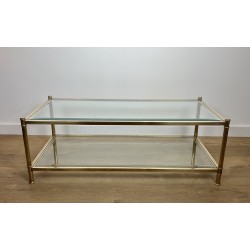 Table Basse à Double Plateau en Laiton et Verre par Roche Bobois, Travail Français, vers 1970