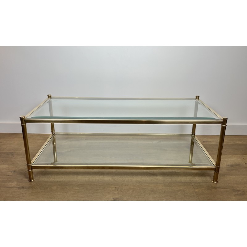 Table Basse à Double Plateau en Laiton et Verre par Roche Bobois, Travail Français, vers 1970