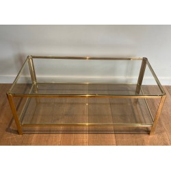 Table Basse à Double Plateau en Bronze Poli et Verre signé Jacques Théophile Lepelletier et estampillé Broncz