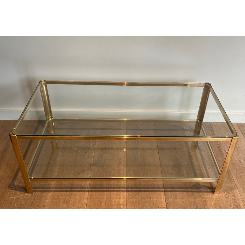 Table Basse à Double Plateau en Bronze Poli et Verre signé Jacques Théophile Lepelletier et estampillé Broncz