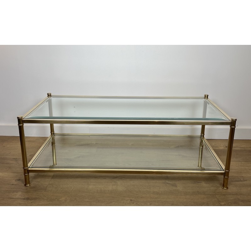Table Basse à Double Plateau en Laiton et Verre par Roche Bobois, Travail Français, vers 1970