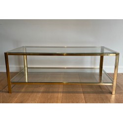Table Basse à Double Plateau en Bronze Poli et Verre signé Jacques Théophile Lepelletier et estampillé Broncz