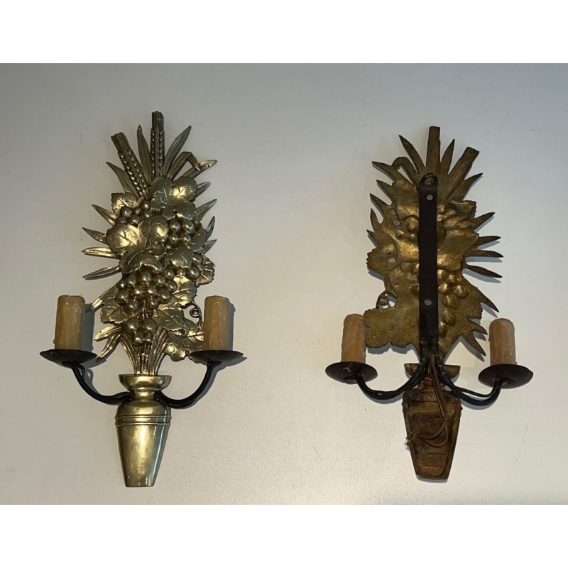 Pair of Bronze and Wrought Iron Wall Lights Representing a fruit Bowl