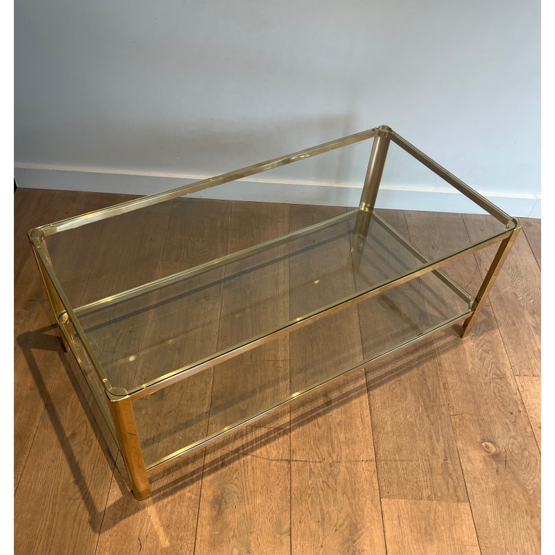 Table Basse à Double Plateau en Bronze Poli et Verre signé Jacques Théophile Lepelletier et estampillé Broncz
