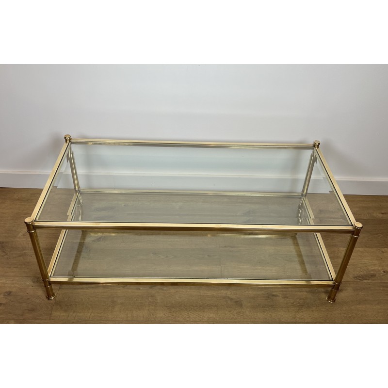 Table Basse à Double Plateau en Laiton et Verre par Roche Bobois, Travail Français, vers 1970
