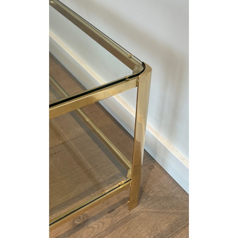 Table Basse à Double Plateau en Bronze Poli et Verre signé Jacques Théophile Lepelletier et estampillé Broncz