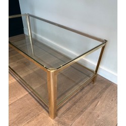 Table Basse à Double Plateau en Bronze Poli et Verre signé Jacques Théophile Lepelletier et estampillé Broncz