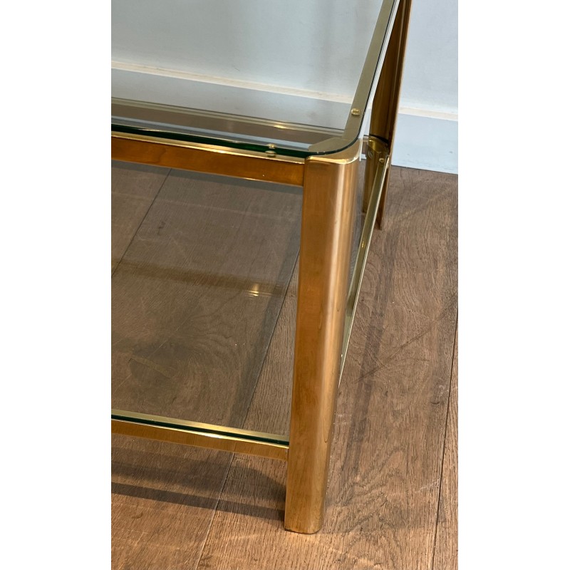 Table Basse à Double Plateau en Bronze Poli et Verre signé Jacques Théophile Lepelletier et estampillé Broncz