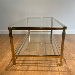 Table Basse à Double Plateau en Bronze Poli et Verre signé Jacques Théophile Lepelletier et estampillé Broncz
