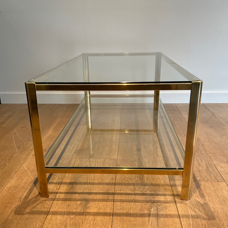 Table Basse à Double Plateau en Bronze Poli et Verre signé Jacques Théophile Lepelletier et estampillé Broncz