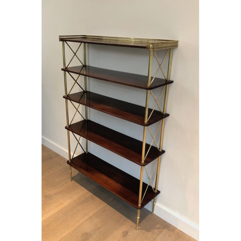 Neoclassical Mahogany and Brass Shelving Unit Attributed to Maison Jansen, French Work, circa 1940