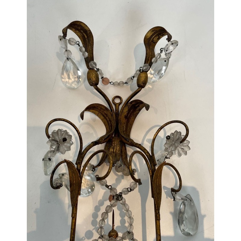 Pair of Gilded Metal and Crystals Wall Sconces in the style of Maison Baguès