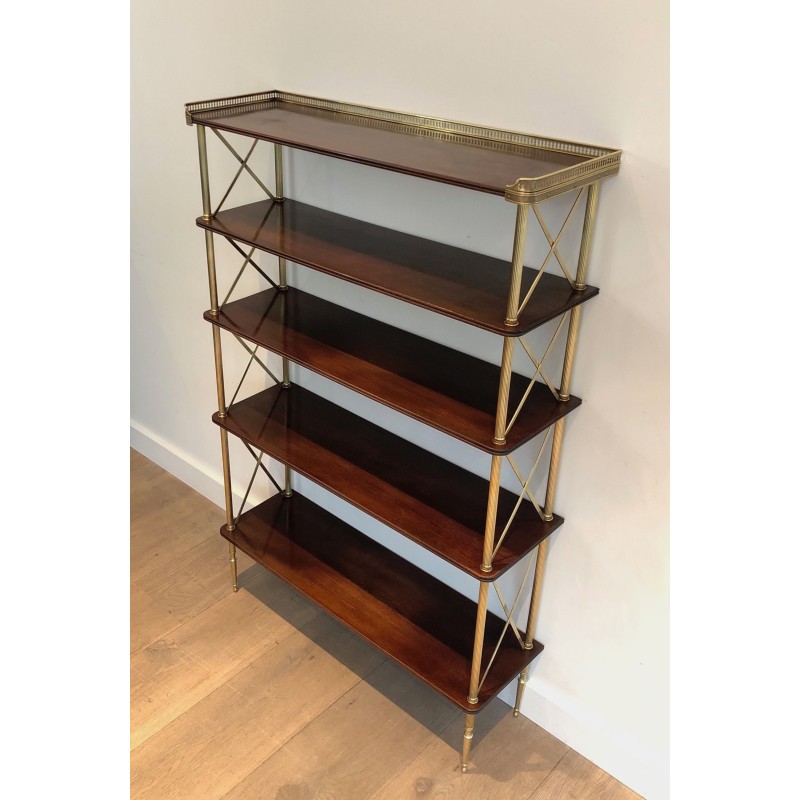 Neoclassical Mahogany and Brass Shelving Unit Attributed to Maison Jansen, French Work, circa 1940