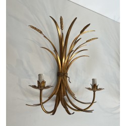 Large Pair of Coco Chanel Gilt Metal Ears of Wheat Wall Sconces, French Work, circa 1970