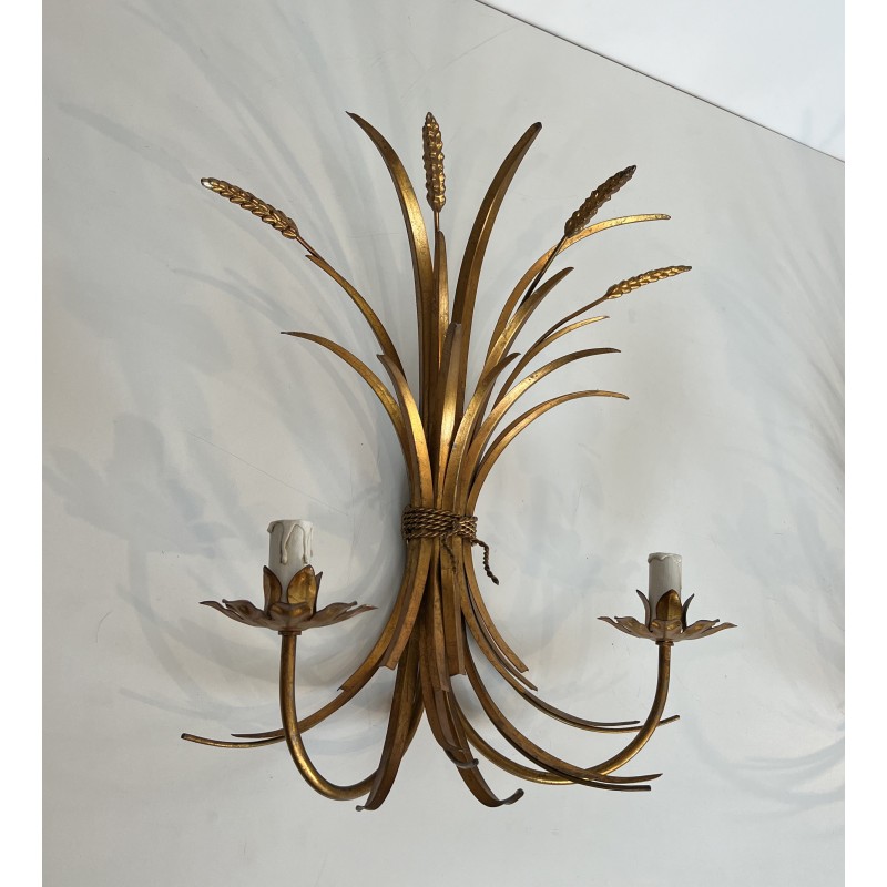Large Pair of Coco Chanel Gilt Metal Ears of Wheat Wall Sconces, French Work, circa 1970