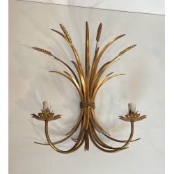 Large Pair of Coco Chanel Gilt Metal Ears of Wheat Wall Sconces, French Work, circa 1970